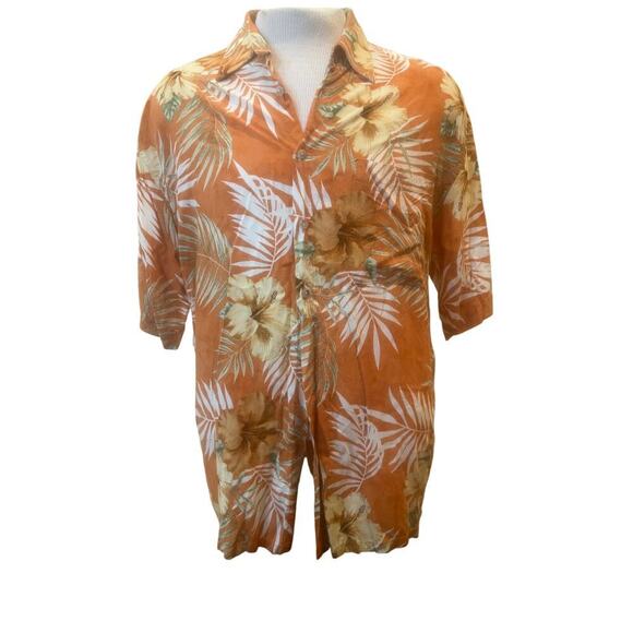 PIERRE CARDIN ORANGE HAWAIIAN SHORT SLEEVE BUTTON UP MENS SIZE LRGRGE - Picture 2 of 7